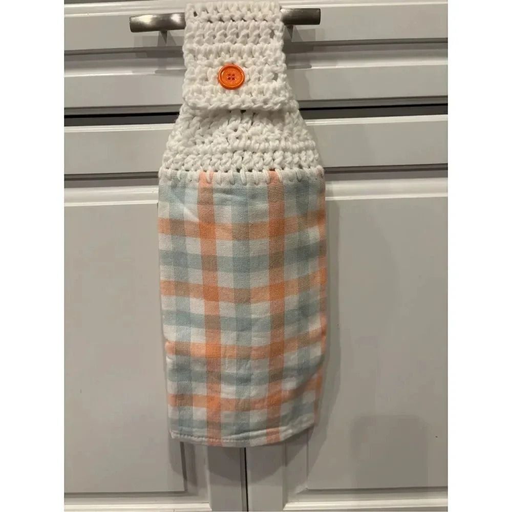 Crochet Top Kitchen Towel- Orange/blue/white checks